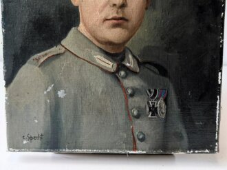 1.Weltkrieg, Olbild eines tapferen Hessen in feldgrauer Uniform. Maße 23,5 x 29,5cm