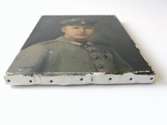 1.Weltkrieg, Olbild eines tapferen Hessen in feldgrauer Uniform. Maße 23,5 x 29,5cm