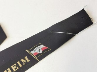 Mützenband  Handelsschiff " M.S. Welheim" der Poseidon Linien. Das Schiff wurde Ende 1944 vor Norwegen als Transporter für die Kriegsmarine versenkt. Gesamtlänge 97cm