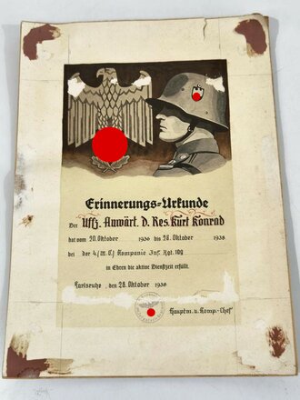 Grossformatige Dienstzeiturkunde für einen Angehörigen im Inf. Rgt. 109, datiert 1938. Eher schlechter Zustand