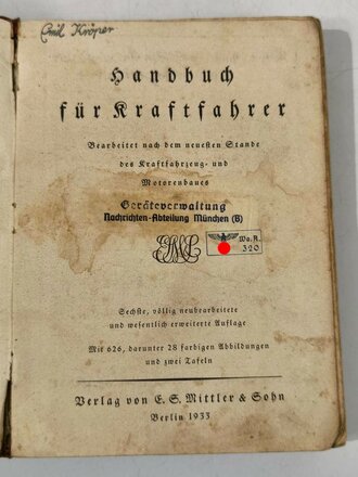 Handbuch für Kraftfahrer, datiert 1933, 405 Seiten, gebraucht