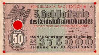 1943 datiertes Los der " 5 Geldlotterie des Reichsluftschutzbundes"