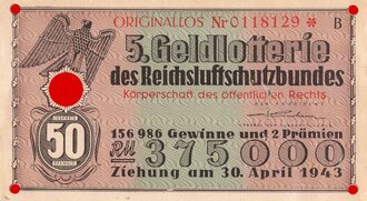1943 datiertes Los der " 5 Geldlotterie des Reichsluftschutzbundes"
