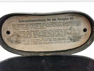 1.Weltkrieg Fernglas 03 in Sperrholzbehälter. Das DF alt überlackiert, klare Durchsicht