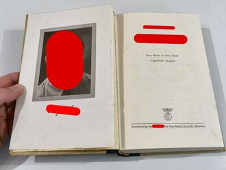 Adolf Hitler " Mein Kampf" Kriegsausgabe 1943, das Bild herausgetrennt aber beiliegend. In seltener Papphülle