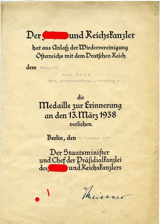 Medaille zur Erinnerung an den 13.März 1938 mit Verleihungsurkunde für einen Feldwebel im Kradschützen Bataillon 2