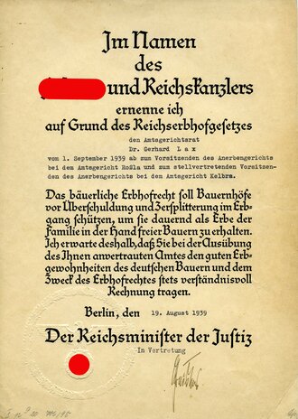 Ernennung des Amtsgerichtsrat Dr. Gerhard Lax zum Vorsitzenden des Anerbengerichts beim Amtsgericht Roßla vom 19.August 1939