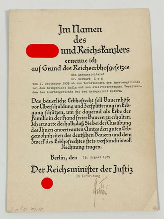 Ernennung des Amtsgerichtsrat Dr. Gerhard Lax zum Vorsitzenden des Anerbengerichts beim Amtsgericht Roßla vom 19.August 1939