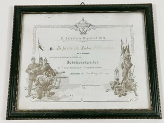 17. Infanterie Regiment Orff, original gerahmte Urkunde zum Schützenabzeichen, ausgestellt Germersheim 1909