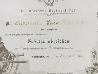 17. Infanterie Regiment Orff, original gerahmte Urkunde zum Schützenabzeichen, ausgestellt Germersheim 1909