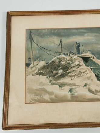 "Wacht an der Nordsee" Aquarell von Erich Gintler, freischaffender Künstler aus Königsberg. Original gerahmtes Stück, Rückseitige Geschenkwidmung der Verwaltung des Luftgaukommandos Holland. Maße mit Rahmen 51 x 67cm