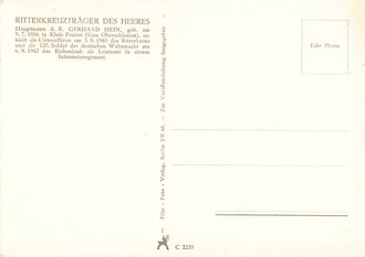 Fotopostkarte Ritterkreuzträger des Heeres  mit Eichenlaub Hauptmann d.R. Gerhard Hein, Verlag Berlin SW68 