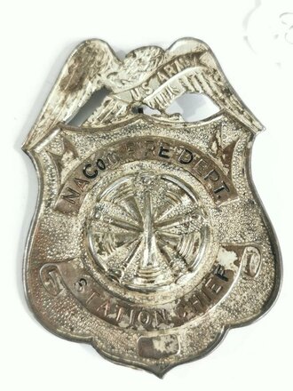 U.S. Army "NACom Fire department station chief" insignia,  metal, 64mm high