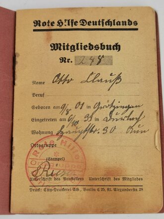 Mitgliedsbuch " Rote Liste Deutschlands" geklebt 1932 und 33