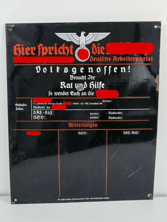 Emailleschild "Hier spricht die NSDAP" 64 x 78cm, guter Gesamtzustand