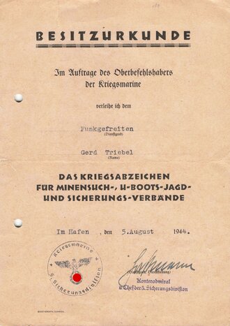 Besitzurkunde zum Kriegsabzeichen für Minensucher datiert 1944, DIN A5
