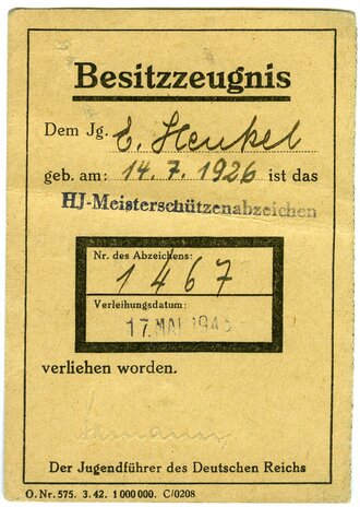 Hitler Jugend Besitzzeugnis für das HJ Meisterschützenabzeichen mit der Verleihungsnummer 1467
