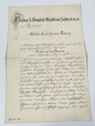 Sachsen, Patent zum Leutnant der Reserve für einen Angehörigen im Fußartillerie Regiment 12, ausgestellt 1916. Gefaltet