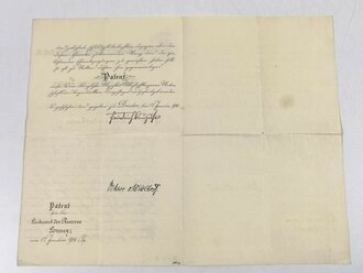 Sachsen, Patent zum Leutnant der Reserve für einen Angehörigen im Fußartillerie Regiment 12, ausgestellt 1916. Gefaltet
