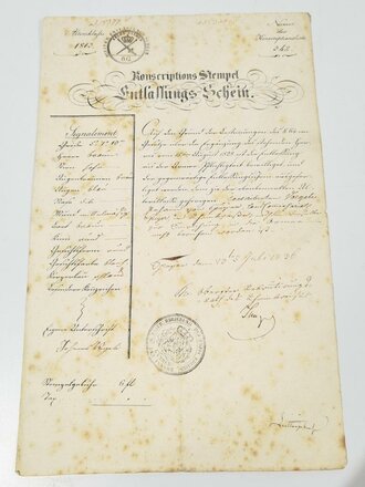Bayern, Militaer Entlassungs Schein , ausgestellt 1836