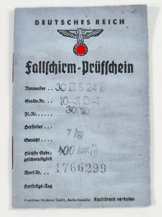 Luftwaffe Fallschirm Prüfschein Baumuster 30 II S 24 B, zuletzt geprüft am 25.2.45