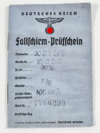 Luftwaffe Fallschirm Prüfschein Baumuster 30 II S 24...