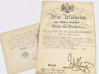 Patent als Geheimer Regierungsrat , ausgestellt 1904, eigenhändige Unterschrift Kaiser Wilhelm , dazu Besitzzeugnis zur Landwehr Dienstauszeichnung zweiter Klasse datiert 1875. Jeweils gefaltet