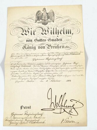 Patent als Geheimer Regierungsrat , ausgestellt 1904, eigenhändige Unterschrift Kaiser Wilhelm , dazu Besitzzeugnis zur Landwehr Dienstauszeichnung zweiter Klasse datiert 1875. Jeweils gefaltet