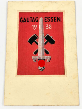 Ansichtskarte mit in Seide gewebtem Abzeichen des Gautag Essen 1938, gelaufen
