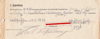 Deutsches Jungvolk in der Hitler Jugend Zuweisung bzgl Dienstantritt Fähnlein 23/166 Wildsachsen