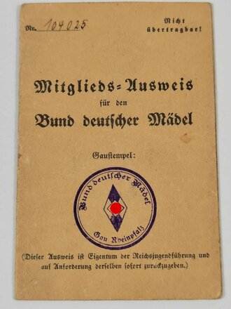 Mitgliedsausweis für den Bund Deutscher Mädel für eine Angehörige der Ortsgruppe Mannheim