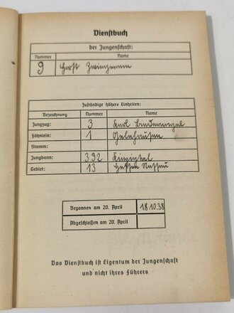 "Dienstbuch des Deutschen Jungvolkes in der HJ" begonnen am 18.10.38 , inklusive 1939 geführt, DIN A5