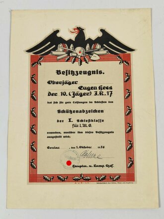 Besitzzeugnis eines Angehörigen der 10. ( Jäger) I.R.17 über das Schützenabzeichen der I.Schießklasse für lMG, ausgestellt 1938