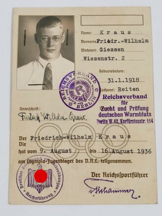 Ausweis für das "Olympia Jugendlager" des Deutschen Reichsbund für Leibesübungen vom 1.-16. August 1936