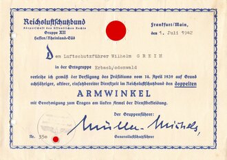 Reichsluftschutzbund Hessen, Verleihungsurkunde zum doppelten Armwinkel für achtjährige Dienstzeit. Datiert 1942