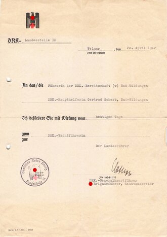 Deutsches Rotes Kreuz Landesstelle IX, Beförderung zur DRK Wachtführerin, eigenhändige Unterschrift SS Brigadeführer und DRK Generalhauptführer Walter Ortlepp