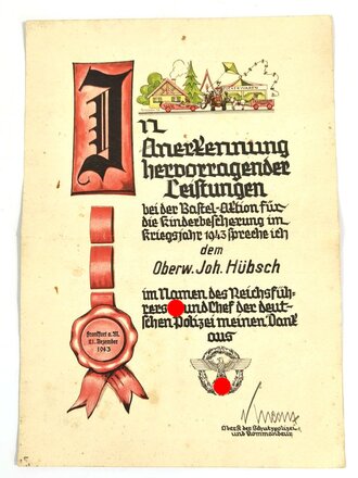 Grossformatige Anerkennungs Urkunde für hervorragende Leistungen bei der bastel Aktion für die Kinderbescherung im Kriegsjahr 1943" mittig gefaltet
