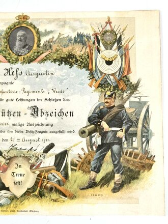 Bayern, Besitzzeugnis zum Schützen Abzeichen ( zweimalige Auszeichnung)  ausgestellt Würzburg 1911. Maße 29 x 39cm, guter Zustand