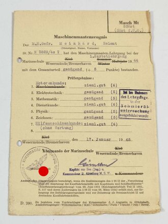 Kriegsmarine "Maschinenmaatenzeugnis" vom 17.Januar 1945