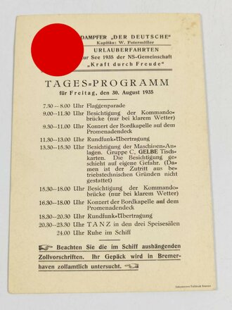 Tagesprogramm Dampfer "Der Deutsche" vom 30.08.1935 KDF