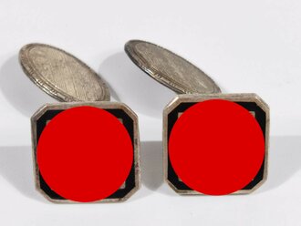 N.S. Sympathie Abzeichen ,Paar Manschettenknöpfe, jeweils silberfnes Hakenkreuz in schwarzer Emaille,14,3mm,  ungetragen, wohl Restbestand eines Juwelier