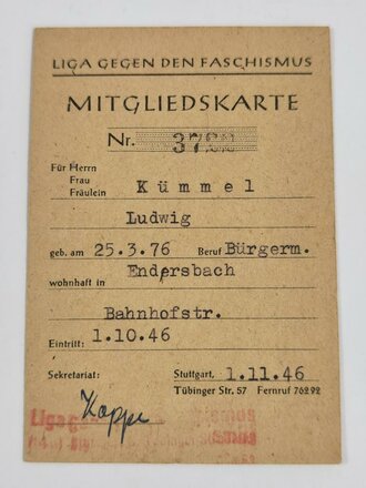 Liga gegen des Faschismus, Mitgliedskarte von 1946