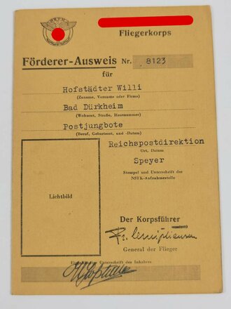 Nationalsozialistisches Fliegerkorps, Förderer Ausweis eines Postjungboten aus Bad Dürkheim