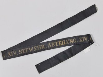 Kaiserliche Marine, Mützenband "1.XIV. Seewehr Abteilung ",  Gesamtlänge 98cm, diverse kleine Löcher