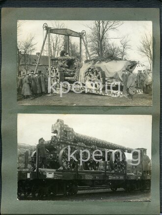 Fotoalbum 1. Weltkrieg Westfront, ca. 30 Fotos mit milit. Bezug, darunter Serie von 9 Aufnahmen eines Krupp 30,5 cm Mörser L/30 in Buntfarbentarnung (Tarnname: Beta-M-Gerät L/30, auch "Schwere Kartaune"), "Dicke Bertha"