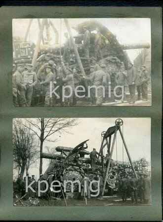 Fotoalbum 1. Weltkrieg Westfront, ca. 30 Fotos mit milit. Bezug, darunter Serie von 9 Aufnahmen eines Krupp 30,5 cm Mörser L/30 in Buntfarbentarnung (Tarnname: Beta-M-Gerät L/30, auch "Schwere Kartaune"), "Dicke Bertha"