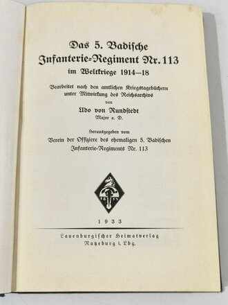 "Das 5.Badische Infanterie Regiment Nr. 113 im Weltkrieg 1914-18"