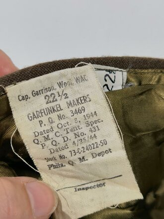 U.S. WWII, WAC Women´s Army Corps Overseas Cap Garrison, Wool, Size 22, 5, Dated 1944