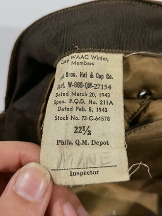 U.S. 1943 dated Cap, WAAC Winter, size 22 1/2, used, some moth holes