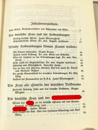 "Deutsches Frauentum und Leibesübungen", hrsg. v. Henni Warninghoff, 1936, 148 Seiten, ca. DIN A5, handschriftliche Widmung von 1939, guter Zustand
